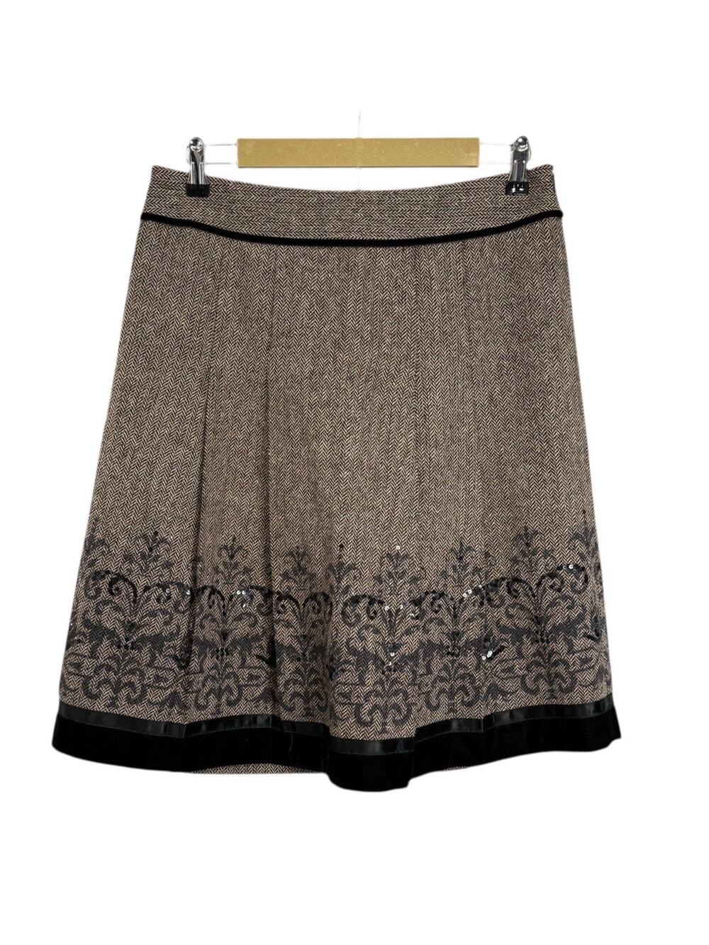 LOFT Petites 8P Wool Blend Skirt Tan Black Embellished A-Line Modest Work